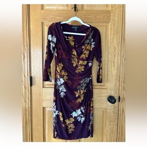 LAUREN Ralph Lauren Dress Womens Sz 6 Purple Floral Career Side Ruche Stretch